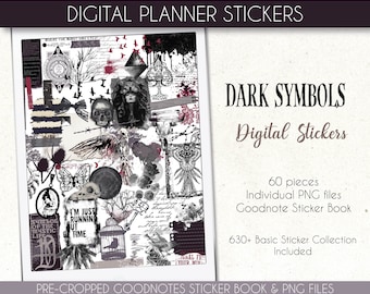 Puede incluir: Pegatinas digitales para planificadores con un tema oscuro y gótico. Las pegatinas presentan calaveras, pájaros, jaulas y otros símbolos. El texto "DARK SYMBOLS Digital Stickers" es visible en la imagen. Hay 60 archivos PNG individuales y más de 630 colecciones de pegatinas básicas incluidas.