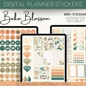 Bohobloesemstickers voor digitale planners en tijdschriften | Goodnotes-boek, png-bestand | Creatieve Hobonichi | Bulletjournaal | Aquarel
