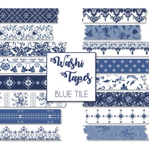 Digitales Washi Tape Set 'Blaue Kacheln' | Digitaler Planer Goodnotes Sticker Clipart PNG | Spanische Fliesen Romantische Blumen Blau Marine Indigo