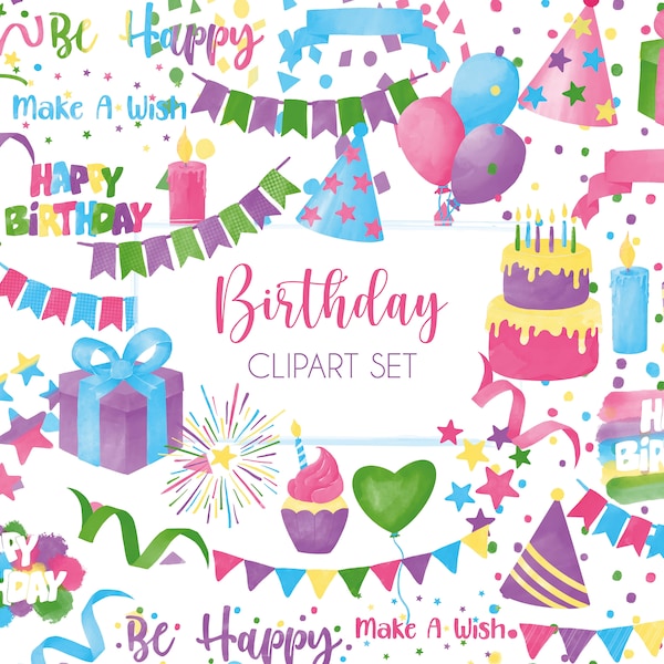 Watercolor Birthday Party Clip Art Set | Instant Download PNG | Cake Bunting Cupcake Candle Confetti