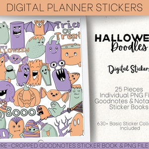 Puede incluir: Pegatinas digitales para planificador con garabatos de Halloween. La imagen incluye varios monstruos de dibujos animados, fantasmas y calabazas en naranja, morado y verde. El texto incluye "Trick or Treat", "Happy Halloween" y "BOOOO". Las pegatinas están disponibles como archivos PNG.