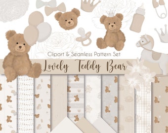 Puede incluir: Un conjunto digital de clipart y patrones sin costuras con un oso de peluche marrón con una corona, globos, un chupete, una botella, un caballo de balancín y una flor. El conjunto incluye 8 patrones diferentes con varios diseños, incluyendo lunares, rayas y patrones florales.