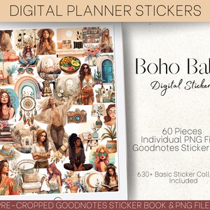 Boho Babe Aufkleber für digitale Planer & Journals | Vorgeschnittenes Goodnotes-Buch PNG | Bullet Journal | Aquarell