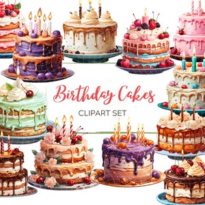 Geburtstagskuchen Clip Art Set | Sofortiger Download PNG | Ausgefallene und süße Party Kuchen zum Feiern