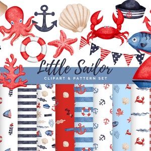 Bundle Nautical Set 'Little Sailor' | Pattern & Clipart | Instant Download PNG | Baby Shower, Gender Reveal, Birthday Party Invitation