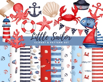 Puede incluir: Conjunto de imágenes prediseñadas y patrones de acuarela con temática náutica. Incluye ilustraciones de un pulpo, ancla, estrella de mar, cangrejo, pez, velero y faro. También se incluye el texto "Little Sailor".
