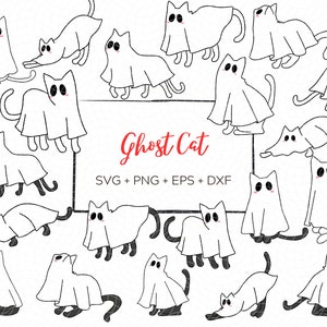 Halloween Ghost Cat Stencils Clip Art Set | Instant Download PNG DXF SVG Eps | Editable Cute Hand-drawn Icons