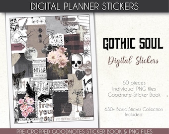 Gothic Planner Stickers – Skulls, Flowers, Spiritual Items (Goodnotes, PNG Digital Download)