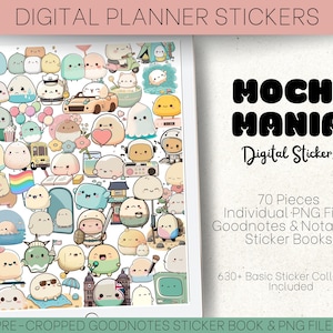 Może przedstawiać: Cyfrowe naklejki do planera z uroczymi, okrągłymi postaciami w różnych pozach. Obraz zawiera tekst "MOCHI MANIA Digital Stickers" i "70 Pieces Individual PNG Files". Naklejki są wstępnie przycięte dla Goodnotes i Notability.