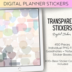 Puede incluir: Una tableta digital muestra una colección de pegatinas de planificador transparentes en varias formas y colores. El texto en la pantalla dice "DIGITAL PLANNER STICKERS" y "TRANSPARENT STICKERS". Texto adicional indica 450 archivos PNG y compatibilidad con Goodnotes y Notability.