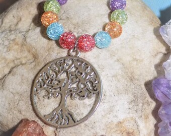 Tree of Life Chakra Necklace - Silver - Pagan / Wiccan - Amulet - Rainbow