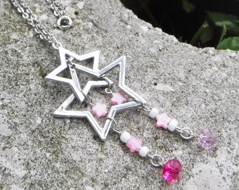 Star Silver Chain Necklace - One of a Kind - Pink Beads