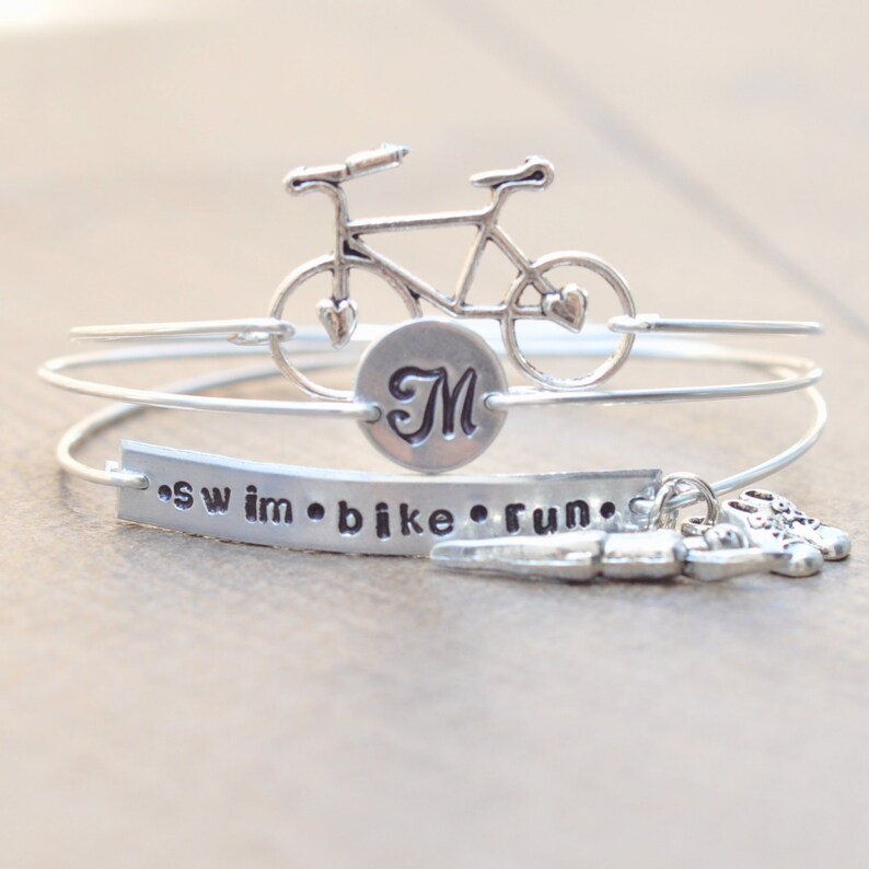 Swim Bike Run Triathlon Jewelry Set of 3 wired stamped Etsy