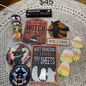 Halloween Wreath making supplies, Halloween signs, ribbon, Craft supplies, Supplies for wreath making, Halloween decor, Wreath De-stash