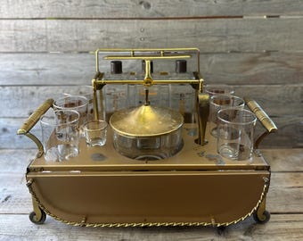 Mid Century Modern Rolling Bar Cart Set | Brass Folding Bar with Glasses, Ice Bucket & Decanters | Vintage Entertaining Set