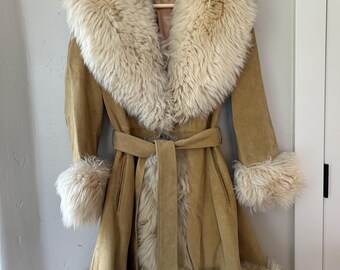 Vintage Lilli Ann Suede Coat with Shearling Trim | Belted Fur Collar Coat | 1960s–70s Designer Outerwear