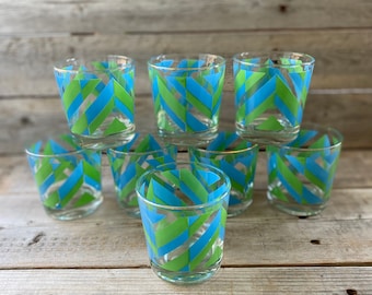 Set of 8 Vintage Geometric Rocks Glasses | Blue Green Op Art Barware