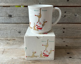 Vintage Sandra Boynton Merry Fitness Mug with Box | Funny Santa Reindeer Christmas Coffee Cup