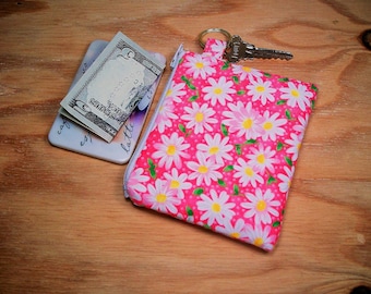 Keychain pouch, pink daisies print, zipper top pouch, coin purse, mini wallet, keychain wallet