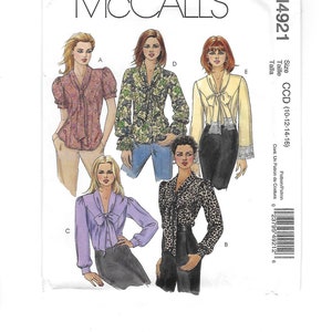 Uncut McCalls pattern 4921, misses sizes 10, 12, 14, and 16, blouse pattern with front tie detail in 5 variations