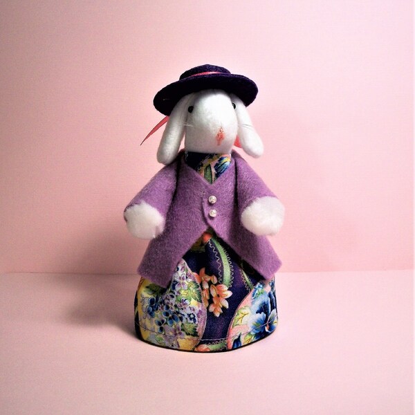 Bunny clothespin doll with soft sculpture head, lop ear rabbit is approx. 5 1/2" tall, dressed to impress and ready to display