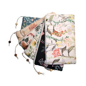 Small makeup pouch in your choice of cotton print fabrics, 7" zipper top purse organizer, flat makeup bag with beaded zipper pull