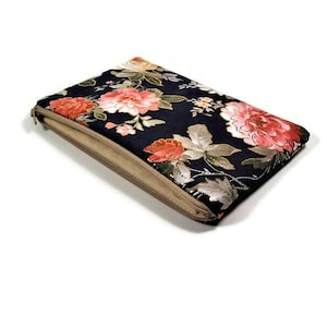 Small makeup pouch with a 7&quot; zipper top, luxurious sueded blue floral fabric with metallic gold accents, clutch purse