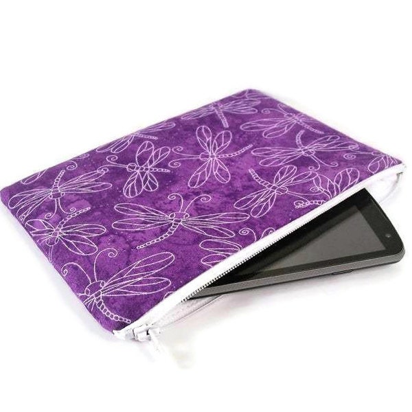 Makeup pouch, cute purple dragonfly fabric, phone pouch, white print dragonflies on orchid purple background, small zipper bag, gadget bag