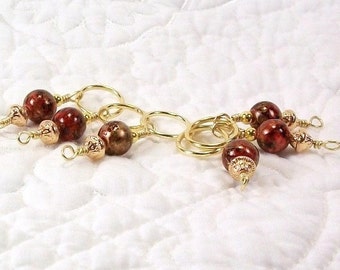 Stitch markers, set of six, marbled gold and burgundy beads, fits up to size 13 knitting needles, lightweight and beautiful