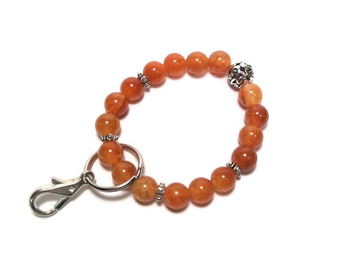 Beaded Keychain Bracelet With Natural Stone Beads in Shades of Orange, Accented by Silver