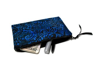 Blue batik pouch, flat zipper top organizer for cosmetics, small zipper bag, purse storage or gadget bag