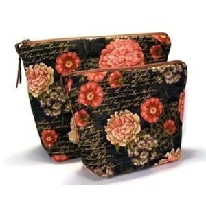 Dos bolsas de cosméticos con cremallera, tela con estampado floral clásico con escritura dorada, dos tamaños fantásticos, una bolsa grande y otra pequeña, juego de organizador de bolsos