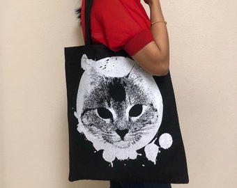 Cat Handmade Tote Bag, Washable Shopping Bag, Yoga Bag, Yoga Mat Bag, Book Bag, Premium Cotton Canvas Bag, Sturdy Carry-all Bag