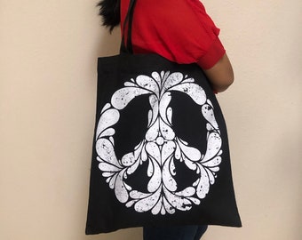 Peace Handmade Tote Bag, Washable Shopping Bag, Yoga Bag, Yoga Mat Bag, Book Bag, Premium Cotton Canvas Bag, Sturdy Carry-all Bag