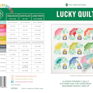 May include: A quilting pattern for a Lucky Quilt featuring a rainbow, clouds, and a pot of gold. The pattern is scrap-friendly and suitable for beginner quilters. The pattern includes instructions for a single block, sham pillow, and large throw.