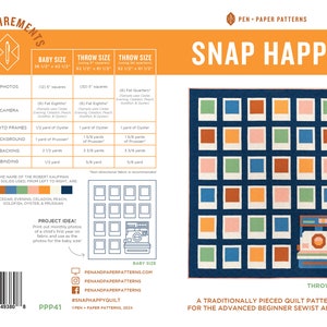 May include: Snap Happy quilt pattern for beginner sewists. The pattern features a blue background with a grid of colorful squares representing photos. The pattern is available in two sizes: baby (36 1/2 x 42 1/2 inches) and throw (52 1/2 x 61 1/2 inches).