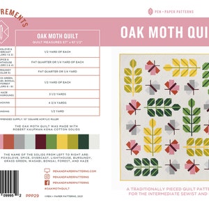 Peut inclure: Patron de quilt Oak Moth avec un motif géométrique de feuilles et de fleurs dans des tons de vert, jaune, rouge et rose. Le motif est traditionnellement assemblé et est recommandé pour les couturières intermédiaires. Le patron comprend les exigences en tissu pour une courtepointe mesurant 144,78 cm sur 171,45 cm.