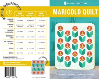 May include: Marigold Quilt pattern by Pen & Paper Patterns. This quilt pattern is a Drunkard's Path quilt and is for an advanced beginner. The pattern includes instructions for making a baby, throw, or twin size quilt. The pattern includes a colour image of the finished quilt.