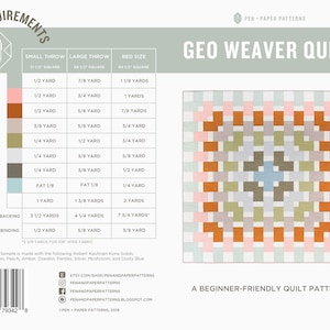 May include: A quilt pattern called "Geo Weaver Quilt" with a beginner-friendly design. The pattern uses a variety of colors, including pink, orange, brown, green, and blue. The pattern is for a quilt that is 64 1/2 inches square.