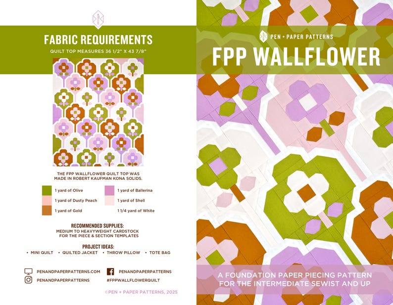 Op de afbeelding: Een foundation paper piecing-patroon voor quilten genaamd "FPP Wallflower". Het patroon is geschikt voor gevorderde naaisters. De afbeelding toont een kleurrijk quilttop met een bloemenmotief. Het quilttop meet 92,5 cm x 111,4 cm.