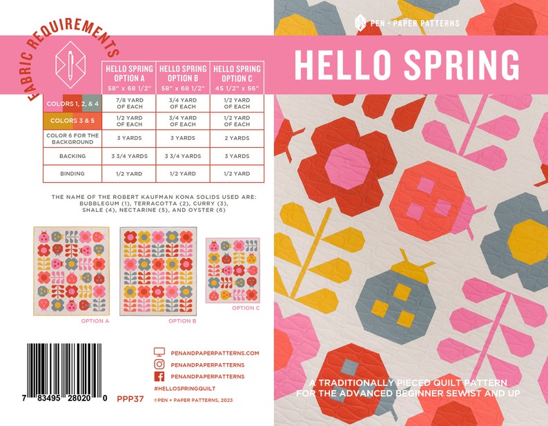 Puede incluir: Un patr&oacute;n de colcha llamado "Hello Spring" con un dise&ntilde;o de mariquita, flor y hoja. El patr&oacute;n est&aacute; tradicionalmente unido y es para el costurero principiante avanzado. El patr&oacute;n incluye los requisitos de tela para tres tama&ntilde;os diferentes.