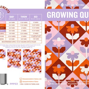May include: A quilt pattern titled "Growing Quilt" with a floral design in shades of orange, red, pink, and purple. The pattern includes fabric requirements for baby, throw, and bed sizes, along with a list of recommended supplies.