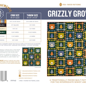 Peut inclure: Un patron de quilt intitulé "Grizzly Grove" avec un motif répété de têtes d'ours et d'arbres dans des carrés. Le patron comprend des tailles de berceau et de jeté, avec les exigences de tissu. La palette de couleurs comprend des nuances de vert, d'orange et de bleu.