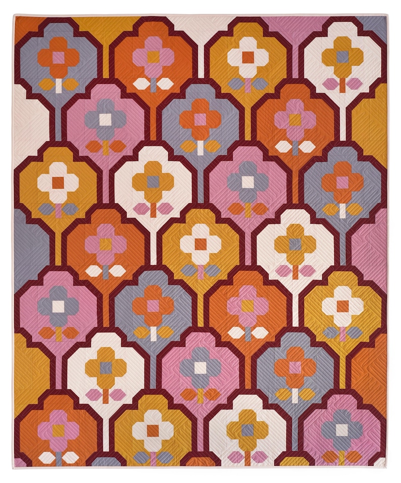 May include: A repeating pattern of stylized flowers in shades of orange, pink, white, and gray. The flowers are arranged in a geometric pattern on a white background.