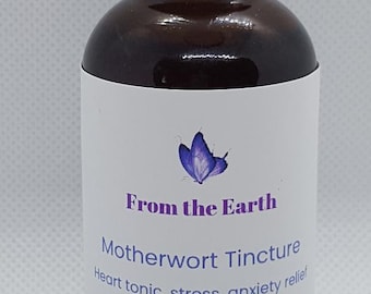 May include: A brown glass bottle with a black cap and a white label. The label features a purple butterfly icon, the text From the Earth, Motherwort Tincture, Heart tonic, stress, anxiety relief, and the volume measurement 2 oz/60 ML.