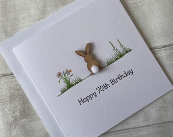 Hoppy 70th Birthday Card, Seventy Bunny Birthday Card, Birthday Card for Her, Birthday Card Him, FREE UK DELIVERY, Elegant Fancies