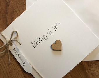 Handcrafted Thinking of you, Sympathy card with wooden heart, Here for you card, Card for friend, Just to say card , Blank card