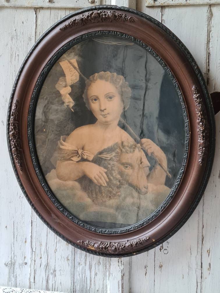 Chromolithographie Agnus Dei , Cadre Ovale French Antique