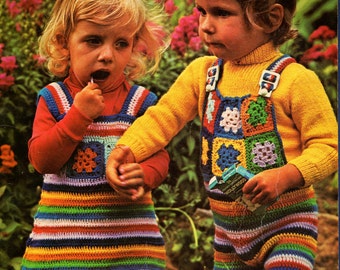 Model-Patron " Chasuble dress and multicolored overalls patchwork Crochet" Vintage 70's / 1 to 2 years old