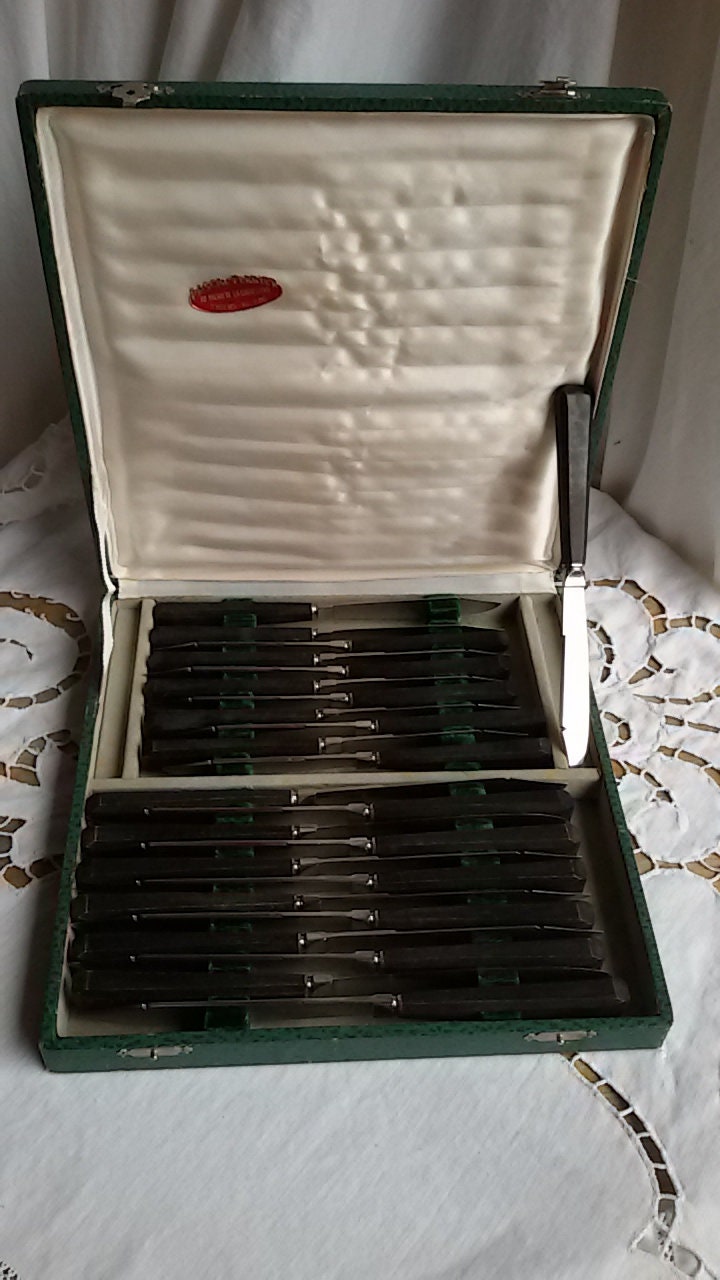 Ménagère Ancienne 24 Couteaux Manche Ébène Dans Ecrin/ French Art de Vivre/ Coutellerie Thiers